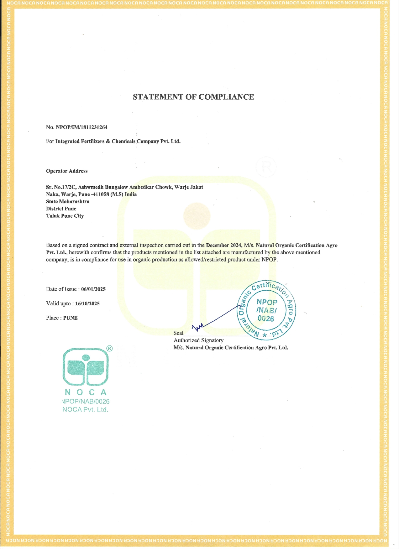 Noca Certificate